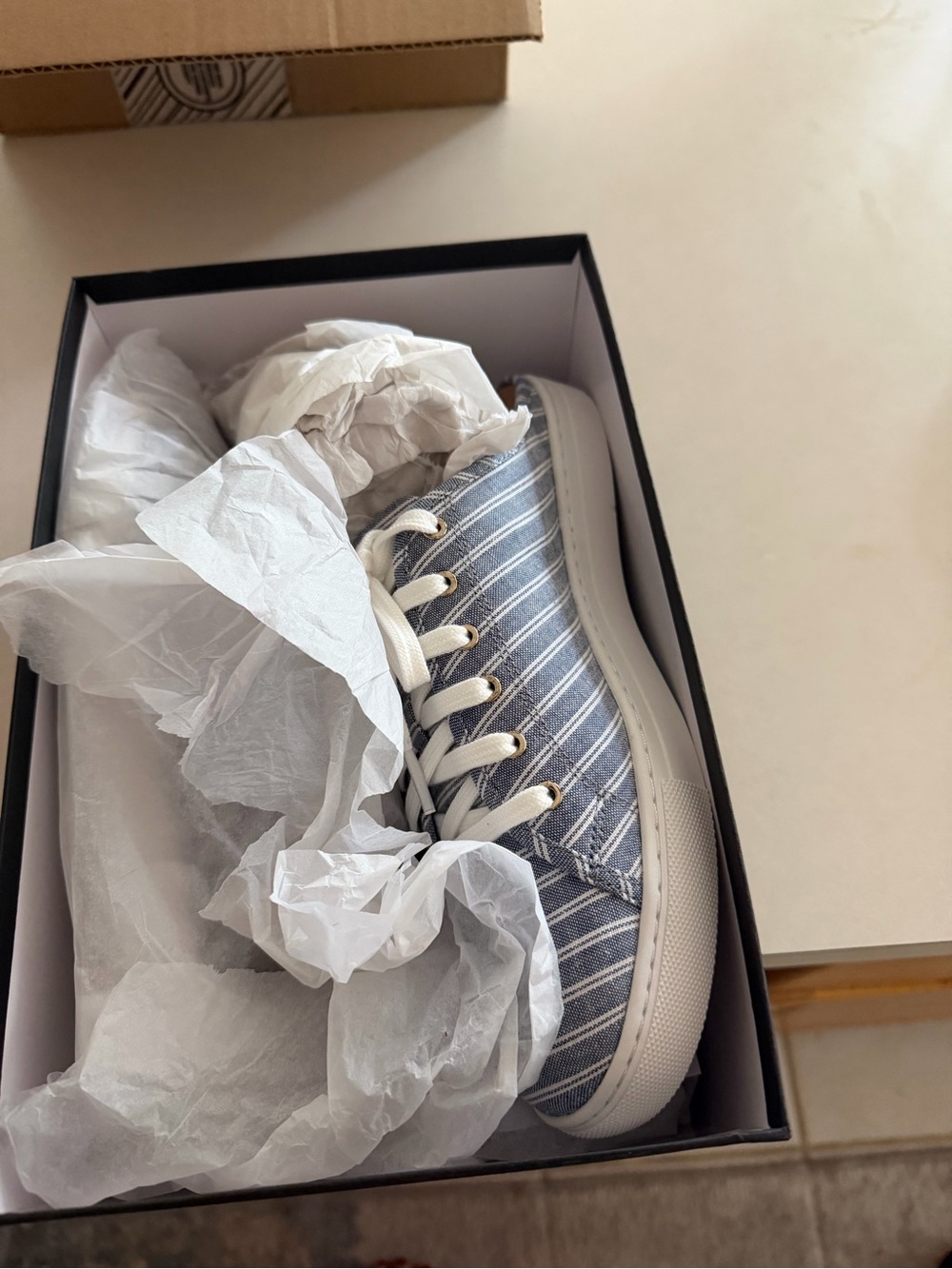 Club Monaco Blue and White Striped Canvas Sneakers